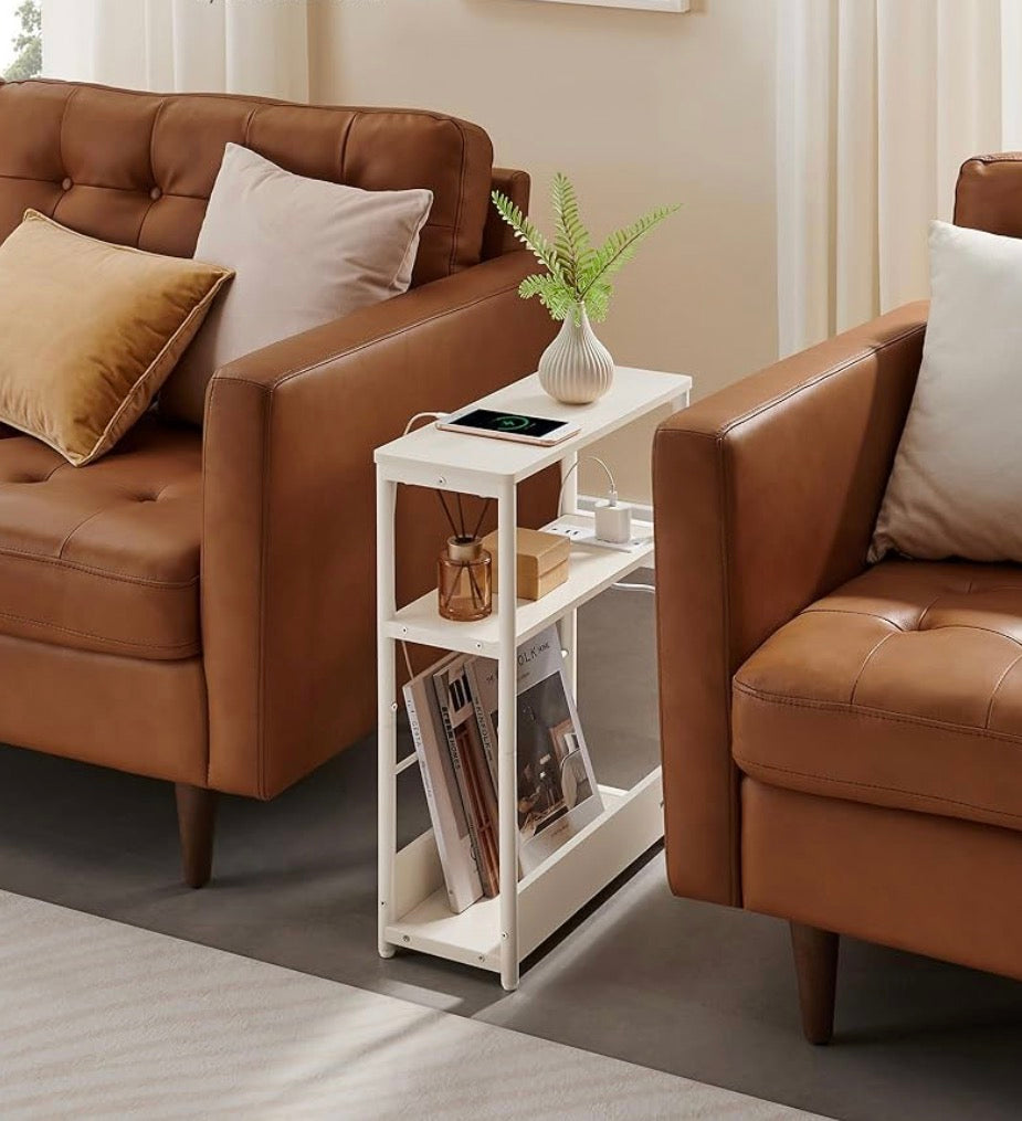 White Narrow Nightstand with Charging Station