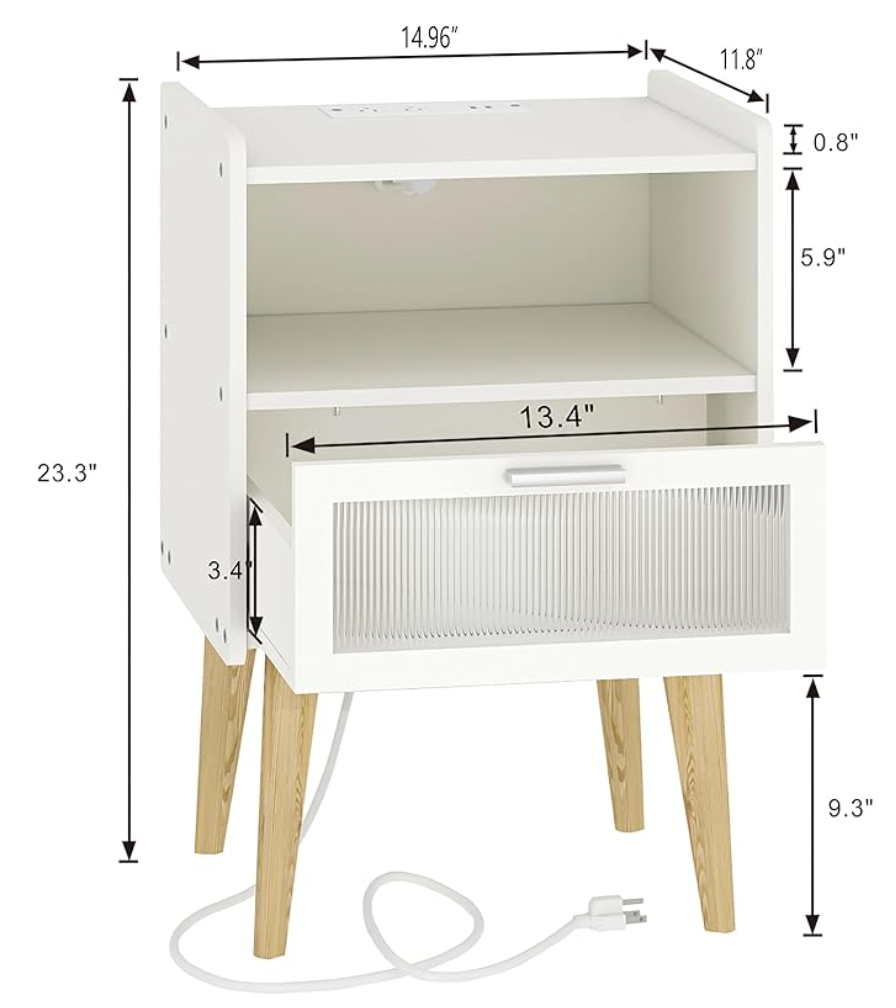 White Nightstand with Built-In Charging Station – 2 AC Outlets & USB Ports, Mid-Century Modern Side Table with Drawer & Open Shelf