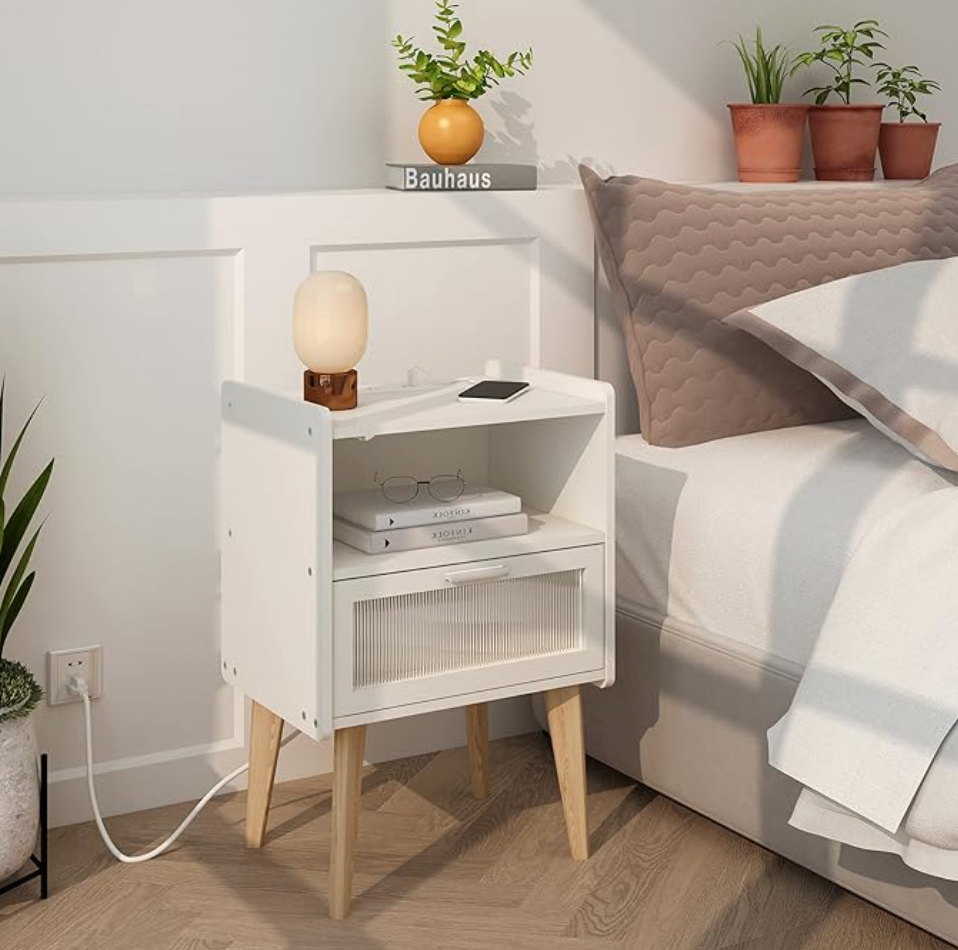 White Nightstand with Built-In Charging Station – 2 AC Outlets & USB Ports, Mid-Century Modern Side Table with Drawer & Open Shelf