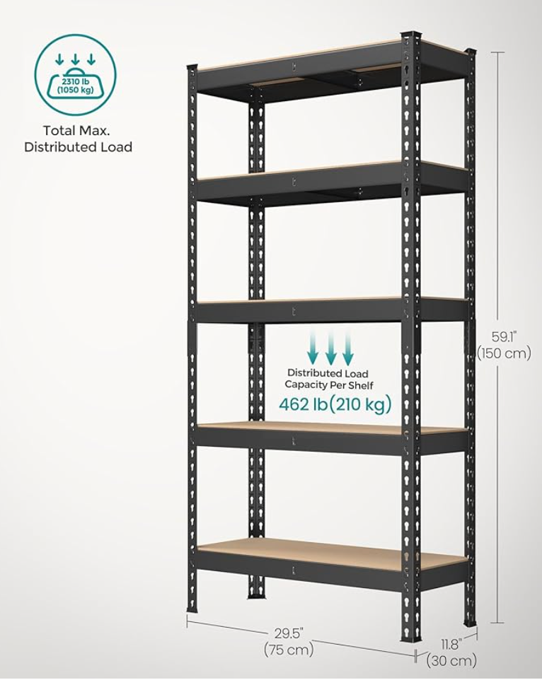 Heavy Duty 5-Tier Rivet Shelf – 3FT Wide Adjustable Boltless Metal Storage Rack, 330 lb per Shelf (16″ or 18″ Depth Options)