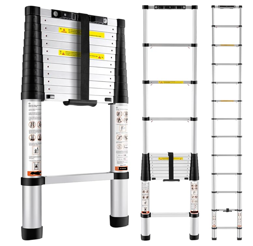 12.5 ft Telescopic / A-Frame Aluminum Ladder – 330 lb Capacity, EN131 / ANSI Safety Rated, Non-Slip Feet & Hooks