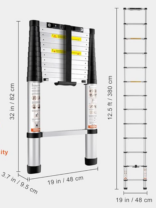 12.5 ft Telescopic / A-Frame Aluminum Ladder – 330 lb Capacity, EN131 / ANSI Safety Rated, Non-Slip Feet & Hooks