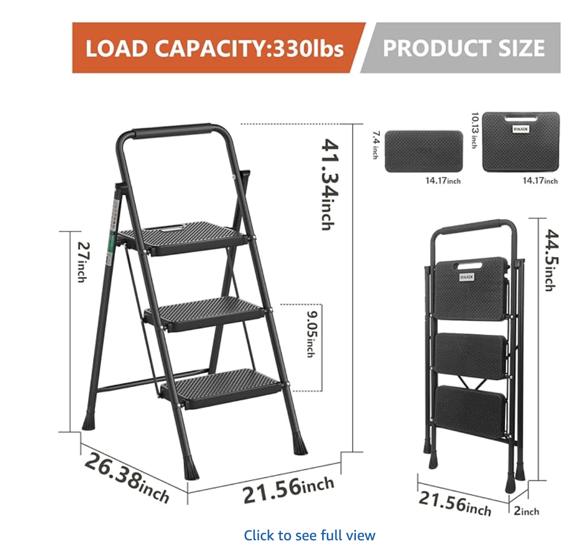 Heavy-Duty 3-Step Steel Ladder Stool – 330 lb Capacity, Anti-Slip Wide Pedals, Foldable Design for Home & Kitchen