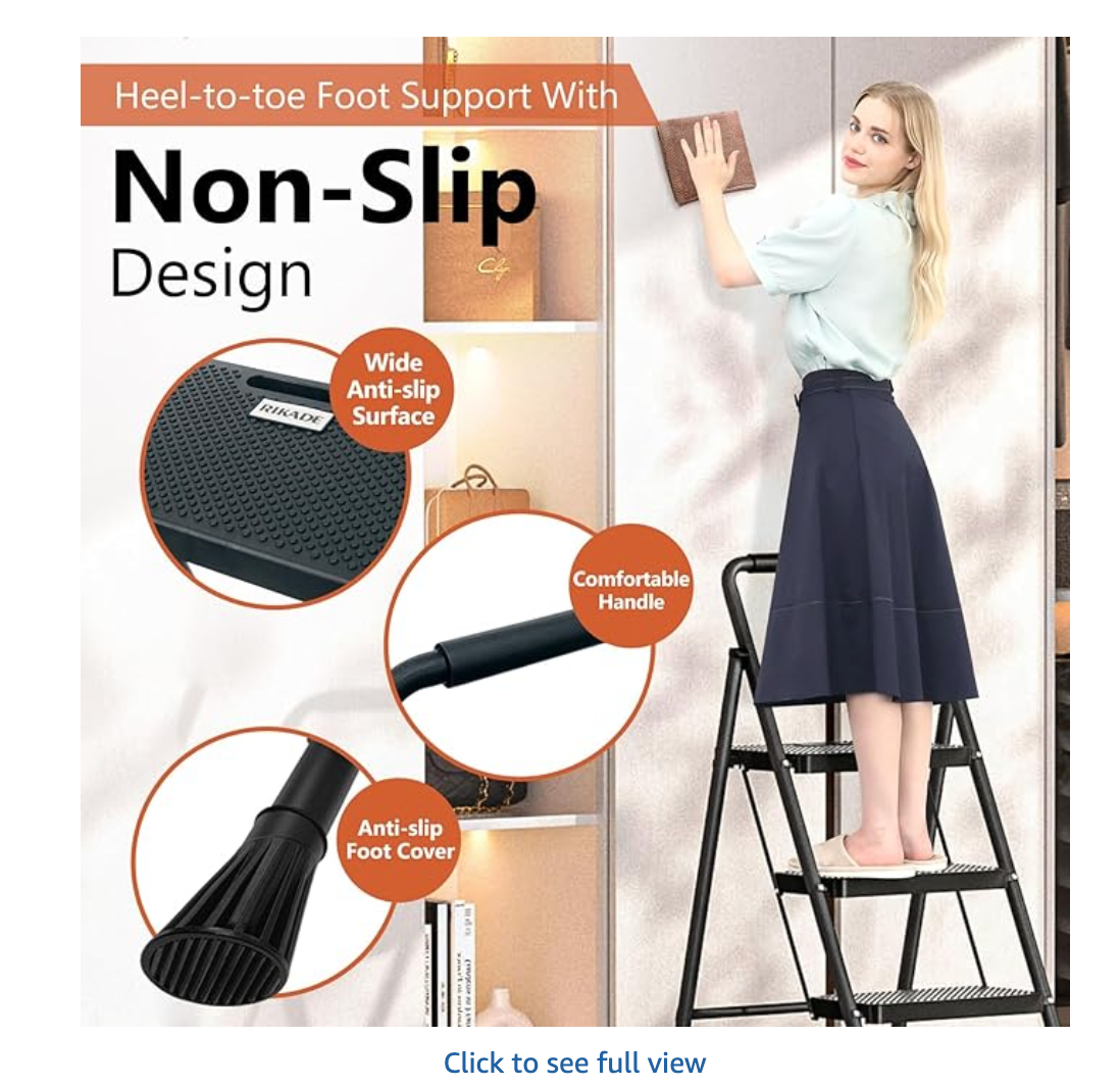 Heavy-Duty 3-Step Steel Ladder Stool – 330 lb Capacity, Anti-Slip Wide Pedals, Foldable Design for Home & Kitchen
