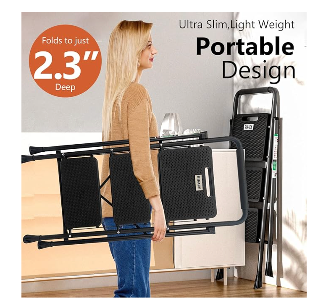 Heavy-Duty 3-Step Steel Ladder Stool – 330 lb Capacity, Anti-Slip Wide Pedals, Foldable Design for Home & Kitchen