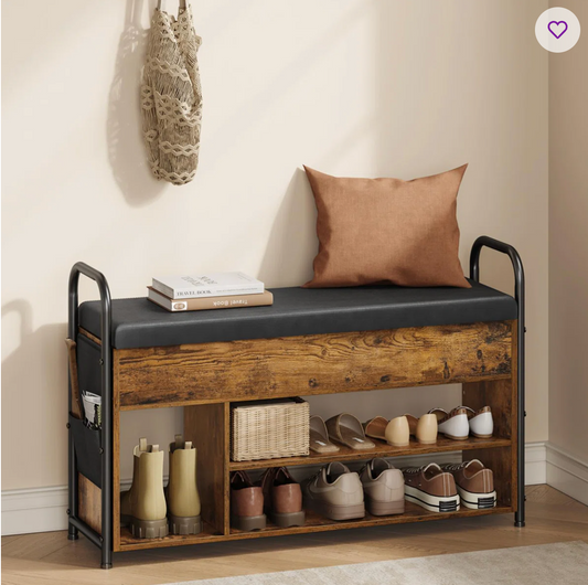 8-Pair Shoe Storage Bench with Flip-Top Cushion Seat & Hidden Storage Compartment – Steel Frame Entryway Bench Organizer