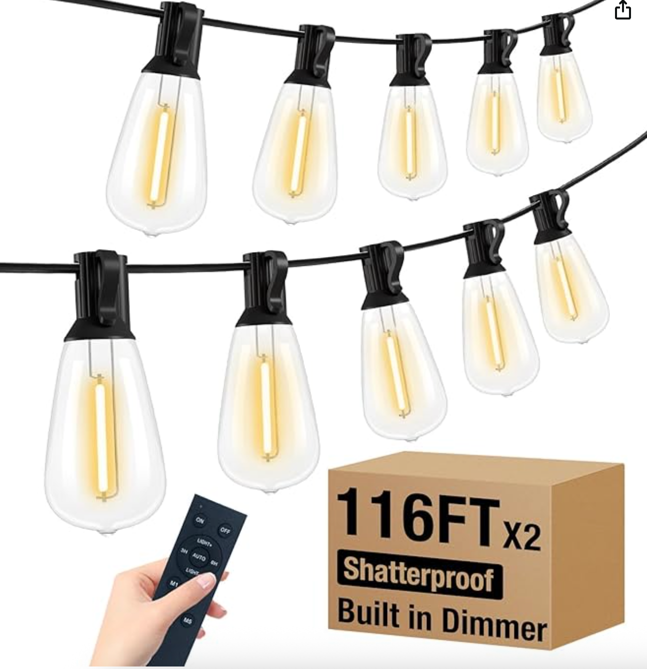 116 ft Patio String Lights (38 Bulbs) – Waterproof Outdoor Edison LED Lights, Shatterproof, Low-Voltage, 2700K