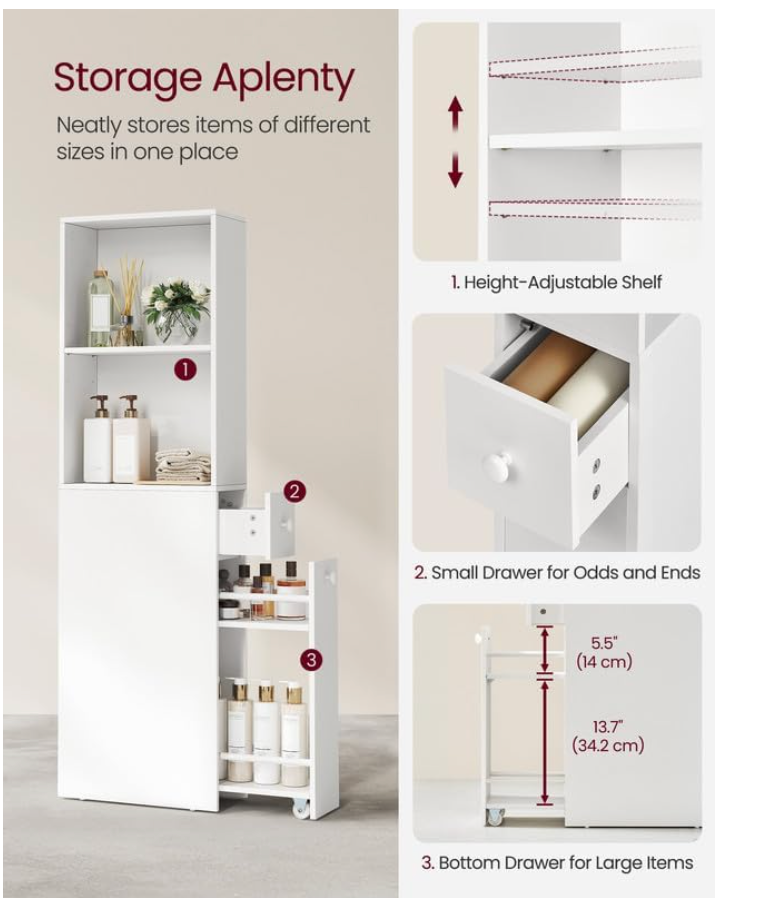 Slim Tall Bathroom Storage Cabinet – Narrow Vertical Organizer with Drawer & Doors, Anti-Tip & Adjustable Shelves for Small Spaces