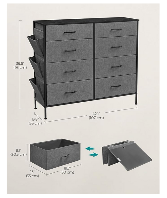 8-Drawer Fabric Dresser Chest – Steel Frame Storage Organizer with Side Pockets & Dividers for Closet, Bedroom, Nursery