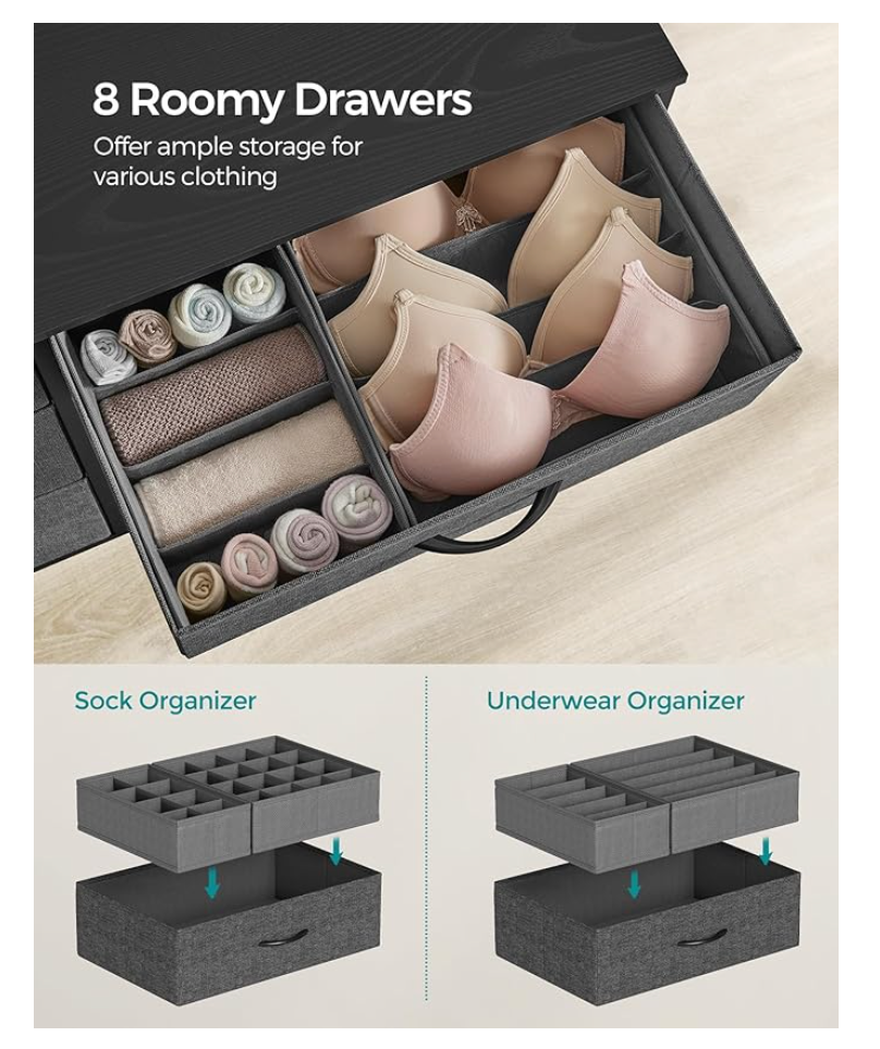 8-Drawer Fabric Dresser Chest – Steel Frame Storage Organizer with Side Pockets & Dividers for Closet, Bedroom, Nursery