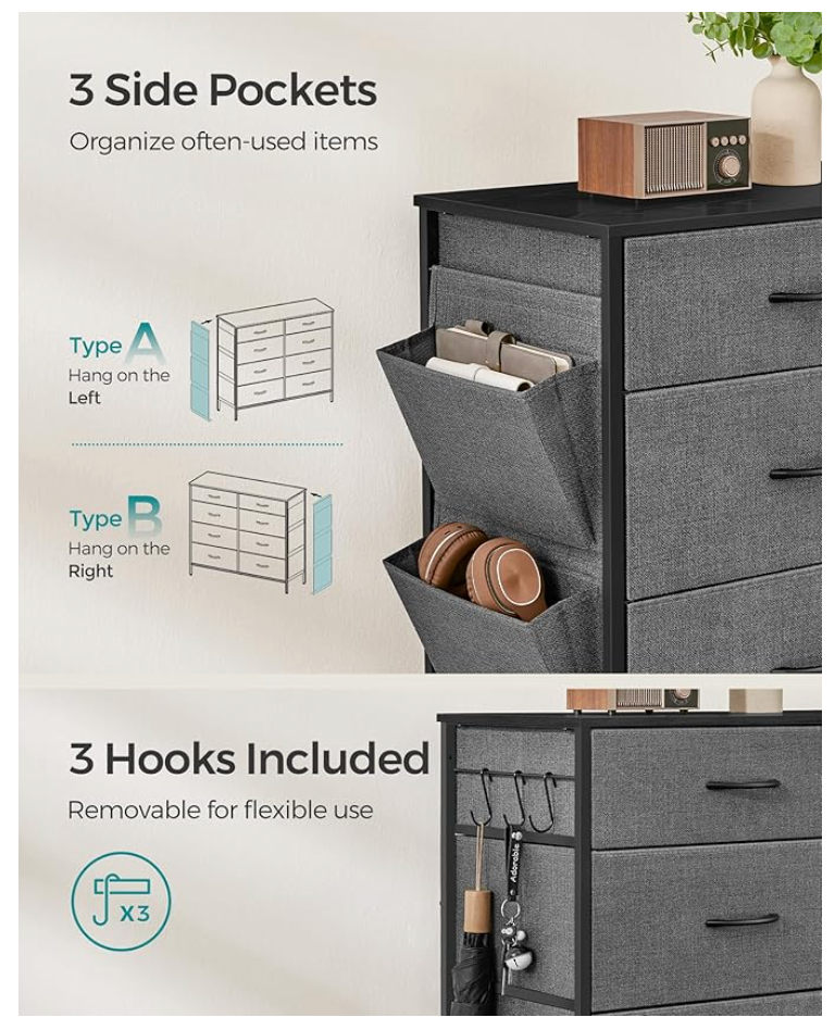 8-Drawer Fabric Dresser Chest – Steel Frame Storage Organizer with Side Pockets & Dividers for Closet, Bedroom, Nursery