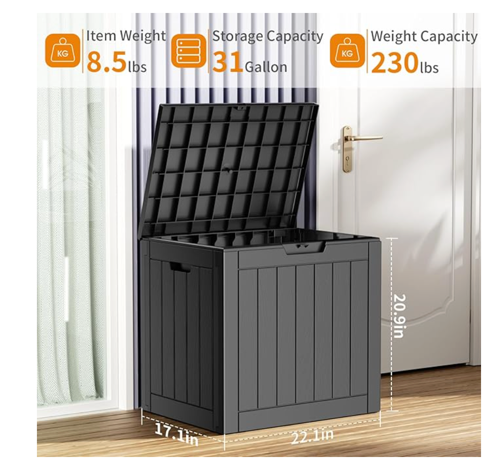 31 Gallon Outdoor Storage Deck Box – Waterproof Resin Patio Bench for Cushions, Toys & Garden Tools