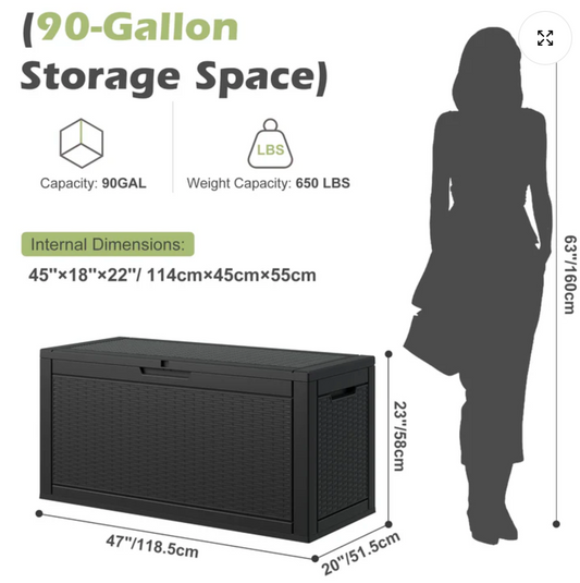 90 Gallon Outdoor Deck Box – Waterproof Resin Storage Bench, Lockable Lid & Side Handles for Patio, Garden & Pool Supplies