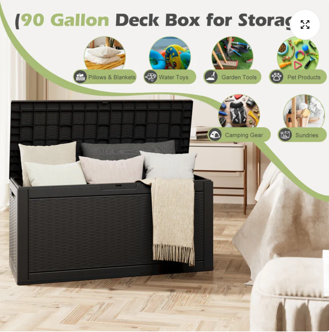 90 Gallon Outdoor Deck Box – Waterproof Resin Storage Bench, Lockable Lid & Side Handles for Patio, Garden & Pool Supplies