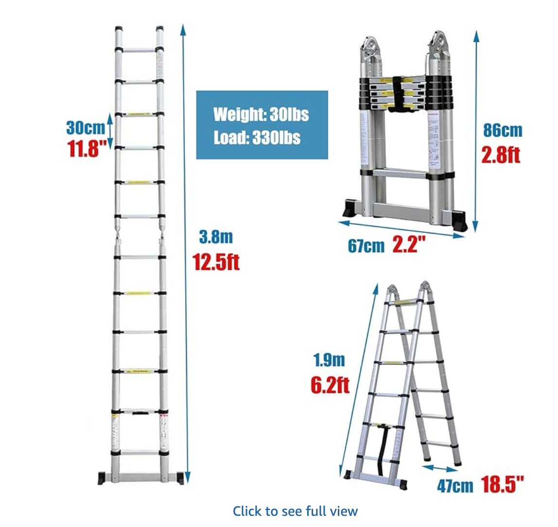 12.5 ft Telescopic / A-Frame Aluminum Ladder – 330 lb Capacity, EN131 / ANSI Safety Rated, Non-Slip Feet & Hooks