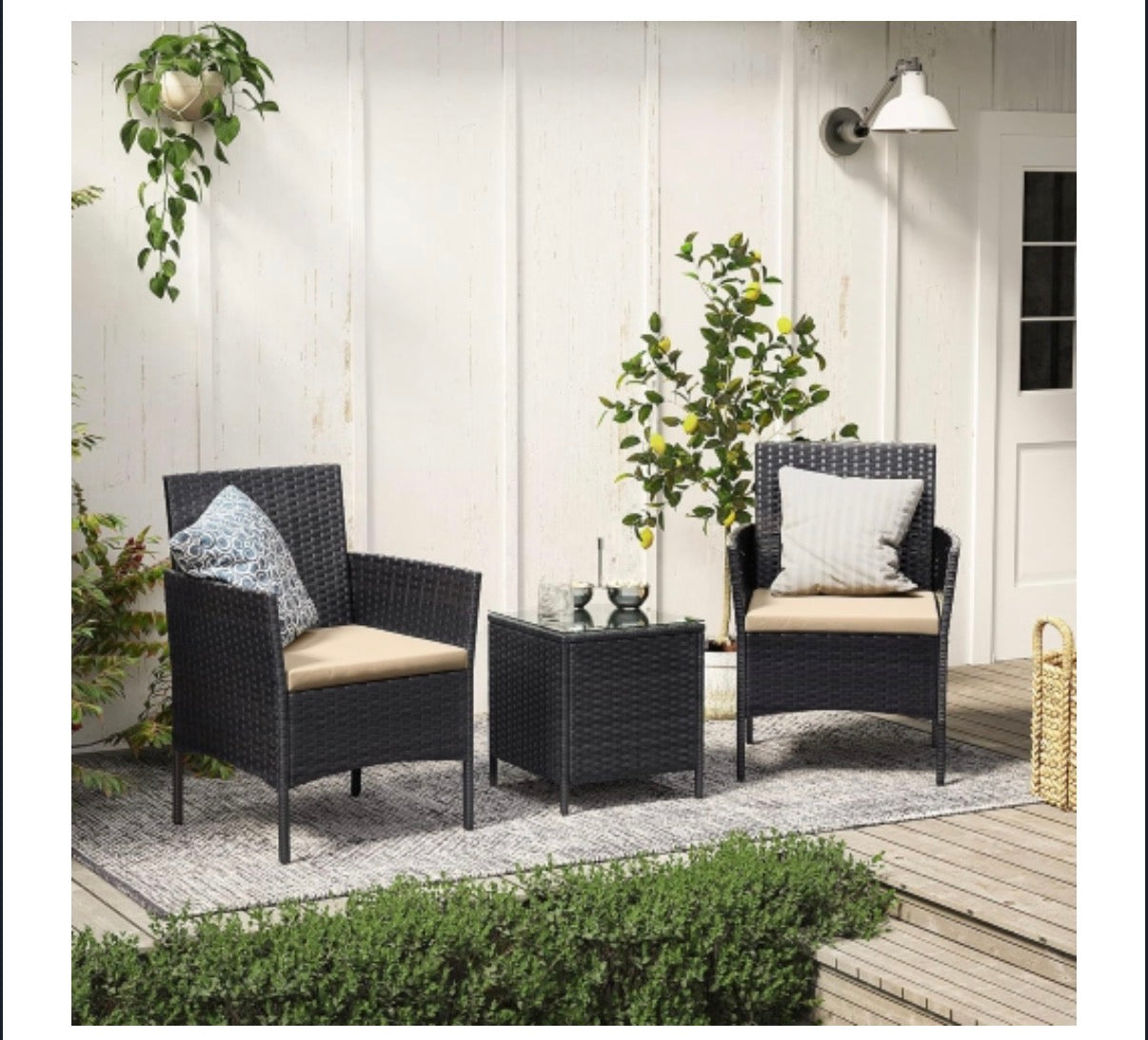 3 Piece Outdoor Rattan Garden Patio Set (2 Chairs, 1 Table)