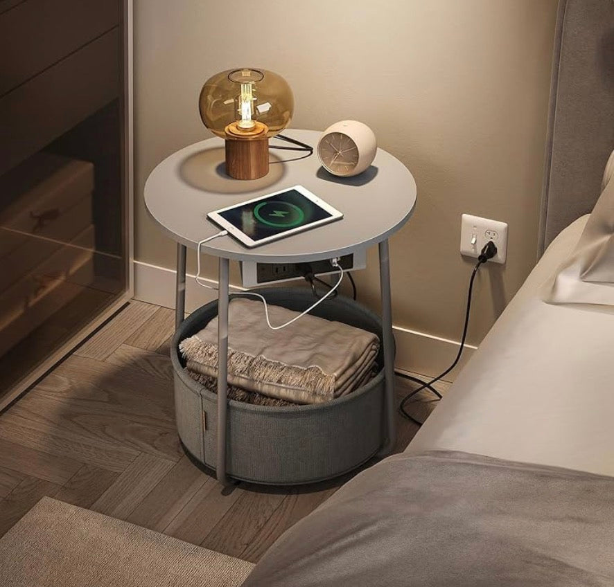 Gray Round Nightstand with Charging Station