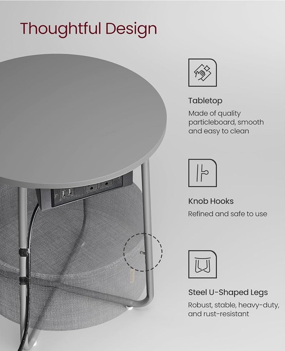 Gray Round Nightstand with Charging Station