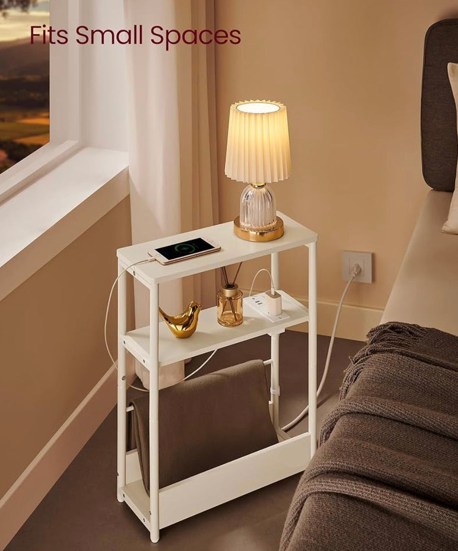 White Narrow Nightstand with Charging Station