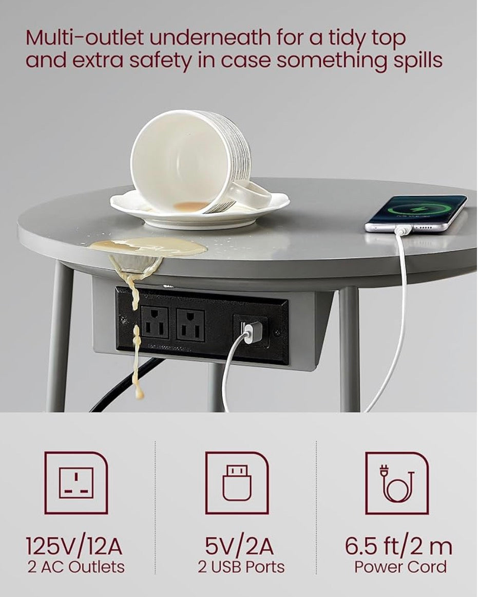 Gray Round Nightstand with Charging Station