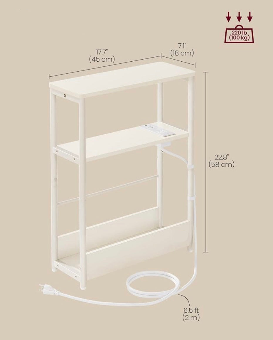 White Narrow Nightstand with Charging Station