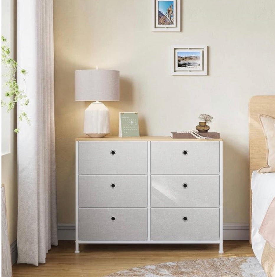 White 6 Drawer Fabric Dresser