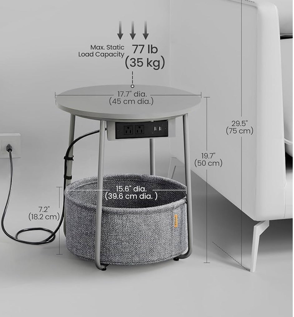 Gray Round Nightstand with Charging Station