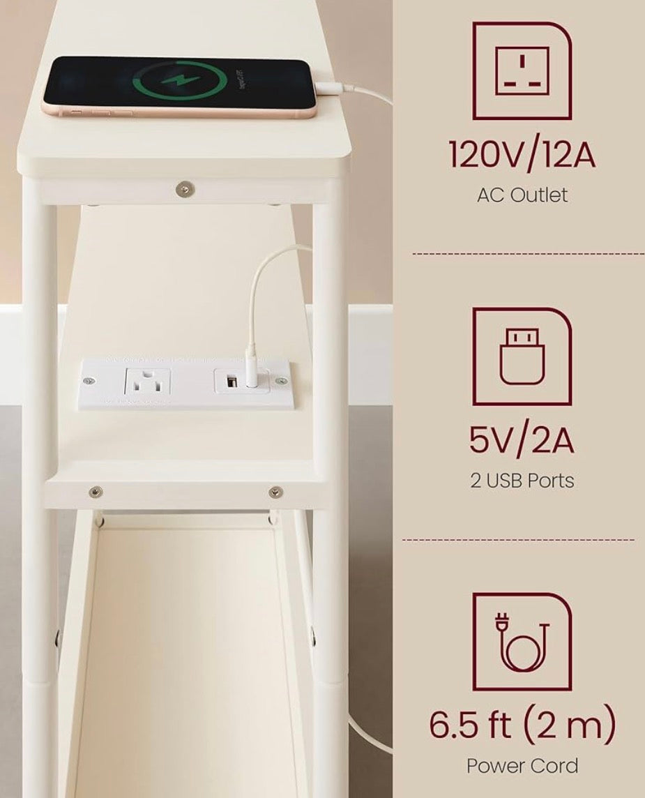 White Narrow Nightstand with Charging Station