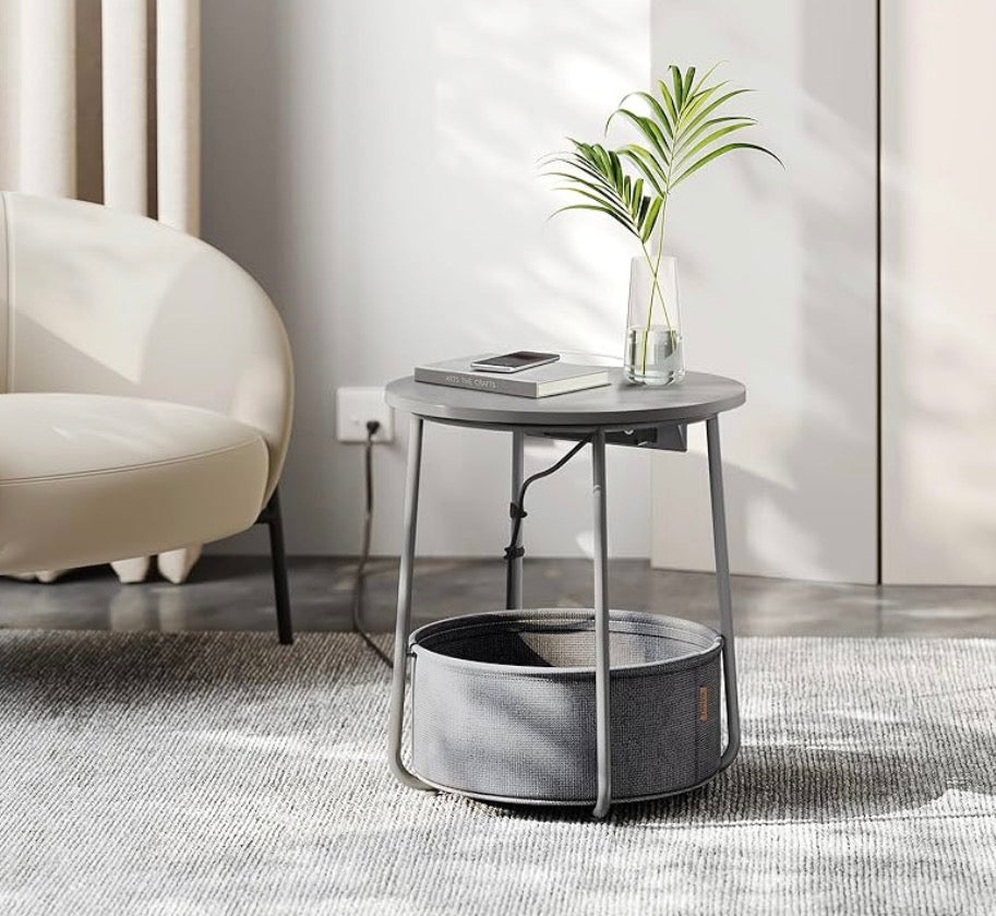 Gray Round Nightstand with Charging Station