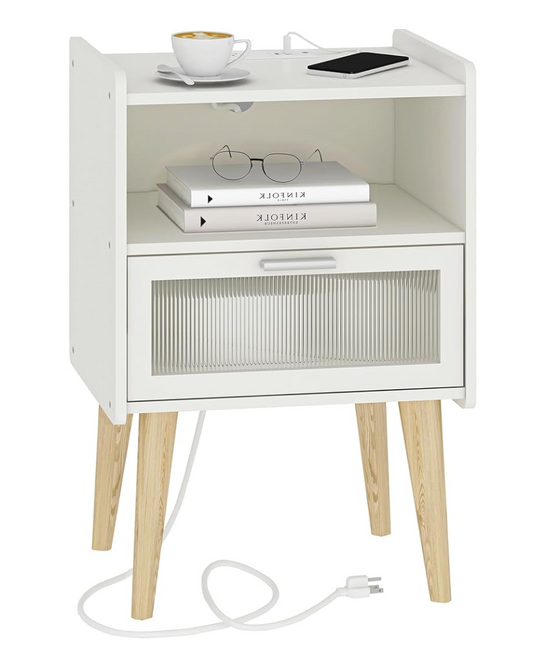 White Nightstand with Built-In Charging Station – 2 AC Outlets & USB Ports, Mid-Century Modern Side Table with Drawer & Open Shelf