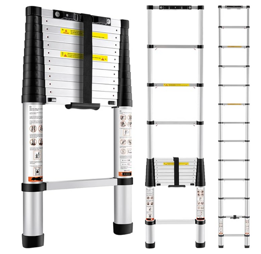 12.5 ft Telescopic / A-Frame Aluminum Ladder – 330 lb Capacity, EN131 / ANSI Safety Rated, Non-Slip Feet & Hooks