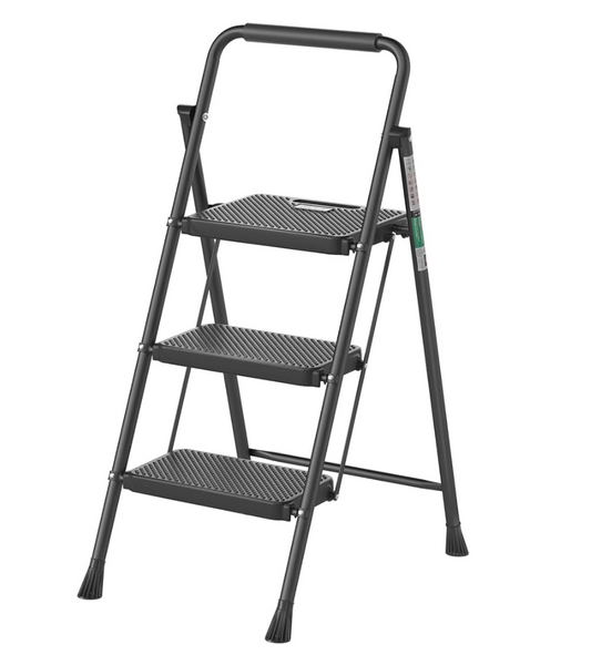 Heavy-Duty 3-Step Steel Ladder Stool – 330 lb Capacity, Anti-Slip Wide Pedals, Foldable Design for Home & Kitchen