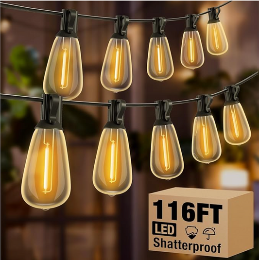116 ft Patio String Lights (38 Bulbs) – Waterproof Outdoor Edison LED Lights, Shatterproof, Low-Voltage, 2700K