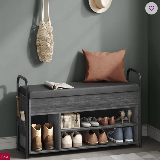 8-Pair Shoe Storage Bench with Flip-Top Cushion Seat & Hidden Storage Compartment – Steel Frame Entryway Bench Organizer