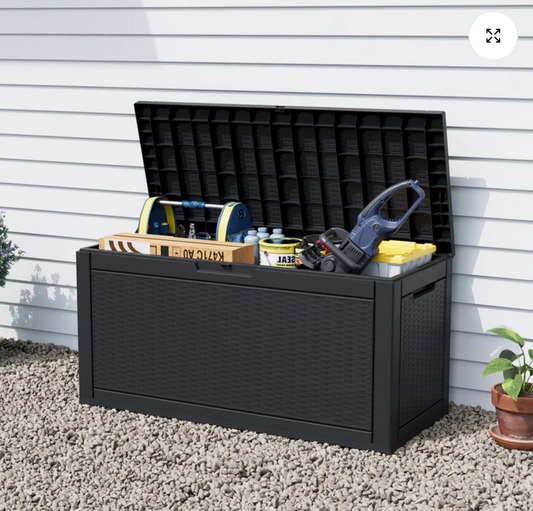 90 Gallon Outdoor Deck Box – Waterproof Resin Storage Bench, Lockable Lid & Side Handles for Patio, Garden & Pool Supplies
