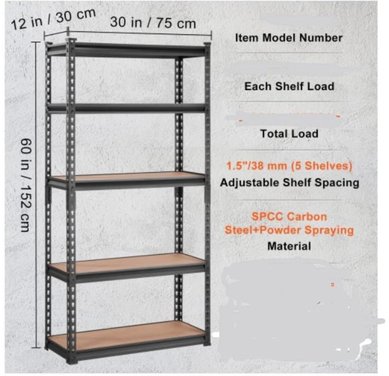 5-Tier Metal Shelving Unit (30”L x 12”W x 60”H)