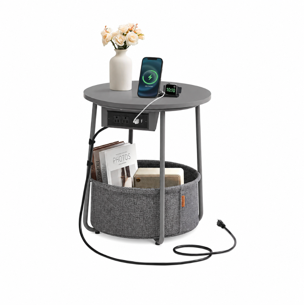 Gray Round Nightstand with Charging Station