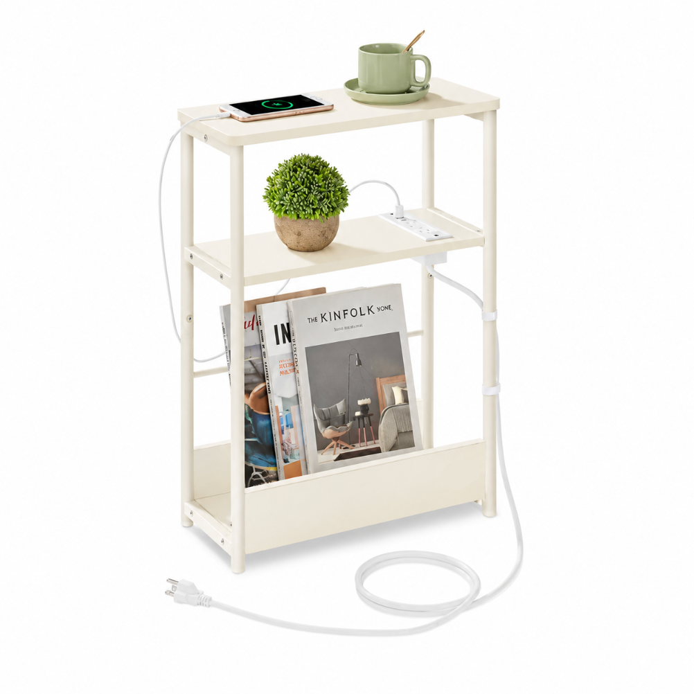 White Narrow Nightstand with Charging Station