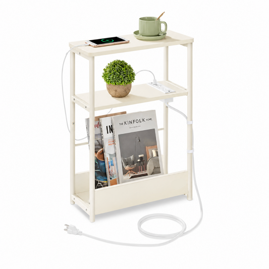White Narrow Nightstand with Charging Station