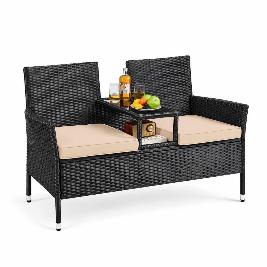Outdoor Rattan Patio Sofa with Table