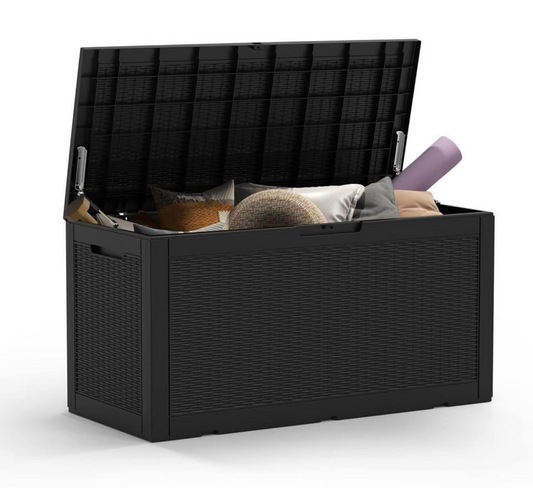 100 Gallon Outdoor Storage Deck Box – Waterproof Resin Patio Storage Box with Lid – Backyard Cushion & Garden Tool Storage (Brown or Black)